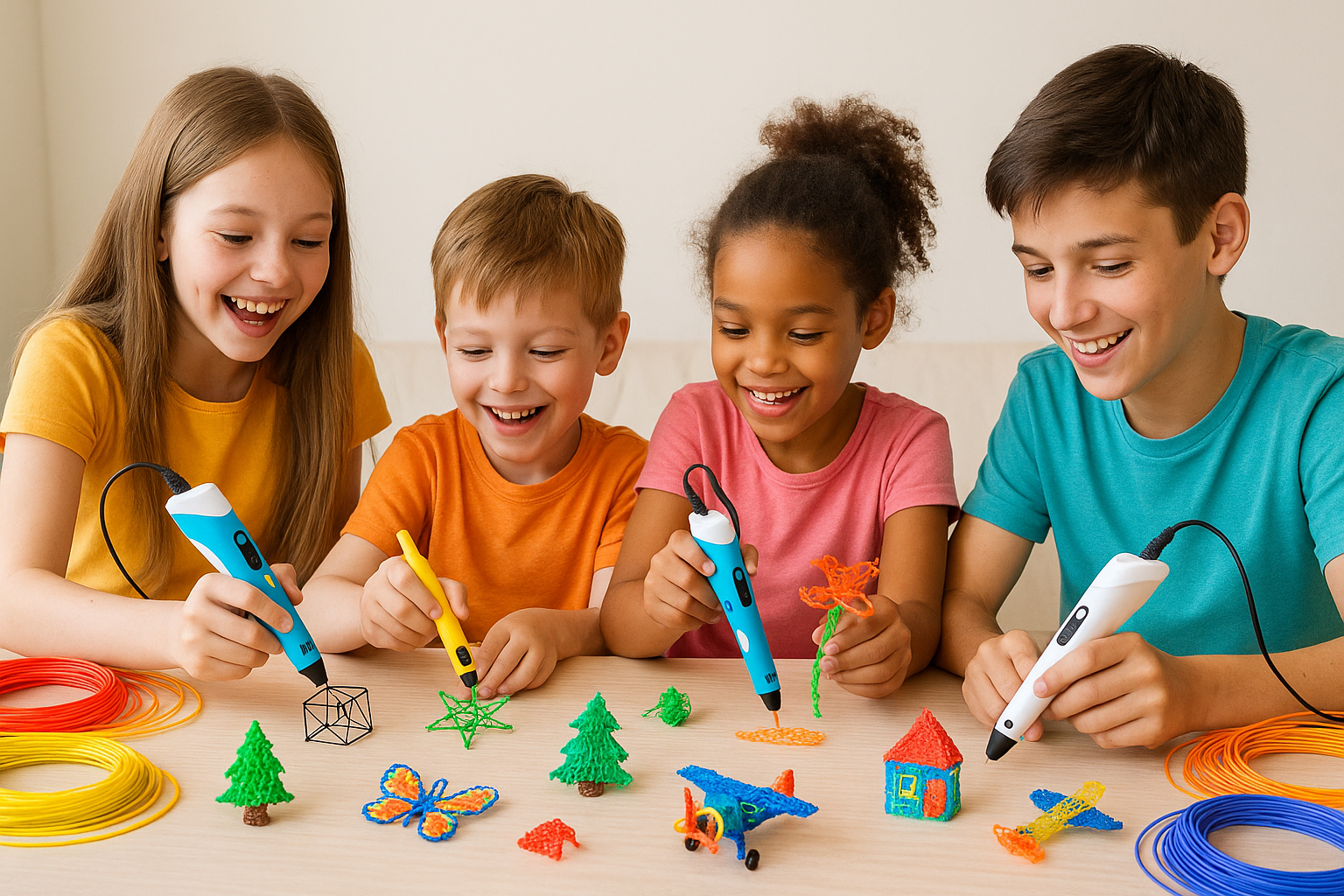 generate me image for kids playing with 3d pen and creating art